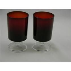 2 Ruby Red glasses with clear base, 4½"H