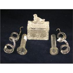 Pair of glass flower holders 4" and glass box with bird on lid, approximately 2½"H