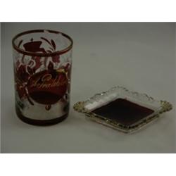 Diamond shaped ruby red and clear ashtray, souvenir of LaGrange Texas 5½"W and 4"H ruby red and clea