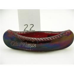Ruby red souvenir canoe, marked 1910, 6"L