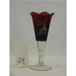 Ruby red and clear souvenir vase, "Sacred Heart Catholic Church, Almena Wis., 8"H