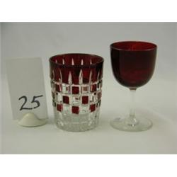 Ruby red and clear glass 3¾"H, ruby red wine glass 4½"H