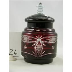Ruby red and clear canister with lid, approximately 8"H