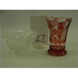 Ruby red and clear glass 3¾"H, cut crystal ashtray 2¼"H