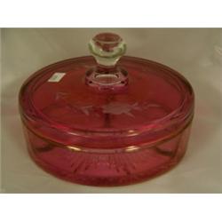 Cranberry candy dish with lid, 7"D