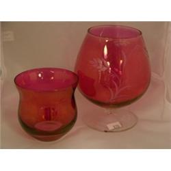 Cranberry and clear cup 3½"  Cranberry and clear brandy glass 6"