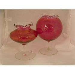 Cranberry and clear stem vases 5" and 7"