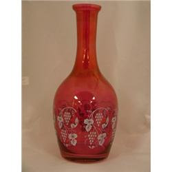 Cranberry and clear decanter with grape pattern 9½"H