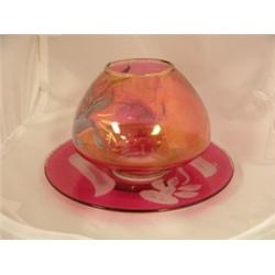 Cranberry and clear bowl 4" and plate 7"D