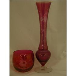 Cranberry and clear cup 3" and bud vase 9½"H
