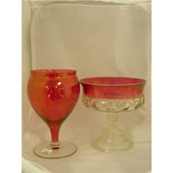 Cranberry and clear goblet 6"H and compote 5¼"