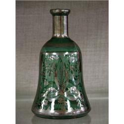 Green bell decanter with silver overlay approx 7"H