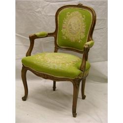 Green tapestry and wood armchair 38½"H
