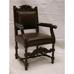 1880 Oak carved armchair with Leather upholstery