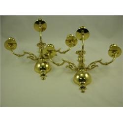 Pair of brass candleholders, wall mount with three holders each, approximately 12¼"H
