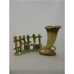 Ceramic fence, 7½"H, brown and tan cornucopia, made in Japan 6½"H.