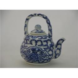 Blue & white teapot, 7"H.