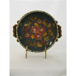 Tole painted wooden bowl with rope & wood handles 9"H