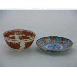 Imari plate, Gumps, made in Japan, 5?"D and rice bowl, decorated in Hong Kong, 4¾"D
