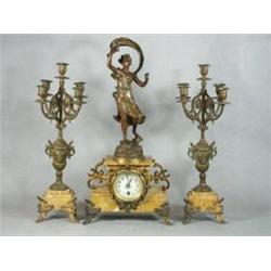 MARBLE & BRONZE 1880 Art nouveau "Brise D'ete" Clock & Candelabra Set