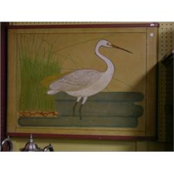 Water bird scene hand painted on Leather, 36½ x 27¼".