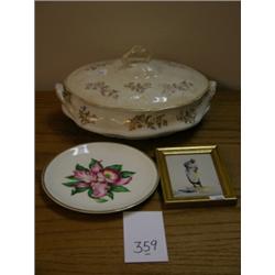 Asst Lot - Belmar casserole, Paden City Pottery plate, Small picture "Figure study- woman hoeing" by