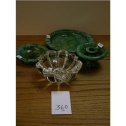 Asst Lot - Crystal ashtray, 2 Green Marble ashtrays, Green marble candleholder