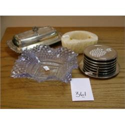 Asst Lot - Silver Pineapple coaster set, Silver butterdish, Marble ashtray, Blue depression glass di