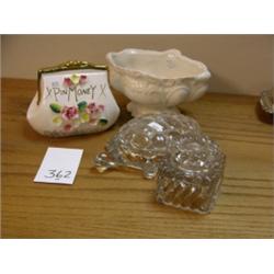 Asst Lot - Crystal Inkwell, Turtle box, Pin money bank, white planter