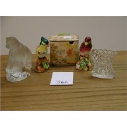 Asst Lot - Parrot Salt & Pepper Japan, porcelain box, crystal cup, Crystal bear.