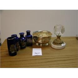 Asst Lot - Silver bowl, 4 blue mini vases, Marble base & crystal candleholder