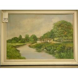 European Oil on board, Cottage scene, 21¾" x 23¼" white wooden frame.