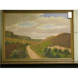 European Oil on canvas, signed F.Moe, Horse & wagon country scene, 30" x 41¾", gilded wooden frame.
