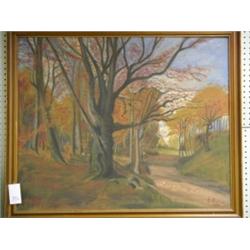 European Oil on canvas, signed E.Kolinn 1949, Autumn country lane, 35½" x 42½", copper gilded wooden