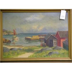 European Oil on canvas, signed C.Hollin, Sail boat scene, 21" x 29", gilded wooden frame.