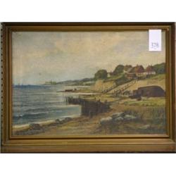 European Oil on canvas, Waterfront scene, 20" x 28", gilded wooden frame