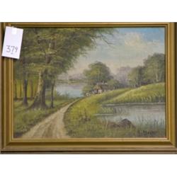 European Oil on canvas, signed A.Bloch, Cottage scene, 16" x 20½", gilded wooden frame.