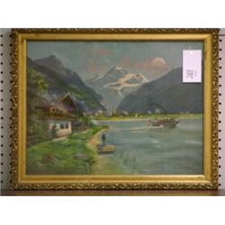 European Print, Lake scene, 17¾" x 22½", gilded wooden frame