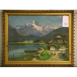 European Print, Lake scene, 17¾" x 22½",  gilded wooden frame