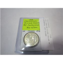 1958 CANADIAN SILVER DOLLAR BC CENTENNIAL .800 SILVER