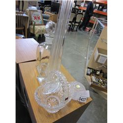 CRYSTAL DECANTER, BASKET, LIDDED DISH, AND 3 FOOT GLASS VASE