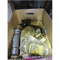 TRAY OF METAL TRAYS, FIGURES, AND FLASH LIGHT