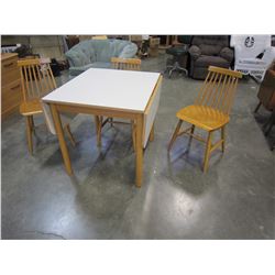 MAPLE AND WHITE DROPLEAF TABLE AND 3 CHAIRS