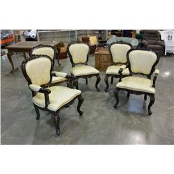 5 CARVED UPHOLSTERED DINING CHAIRS, BLACK AND BEIGE