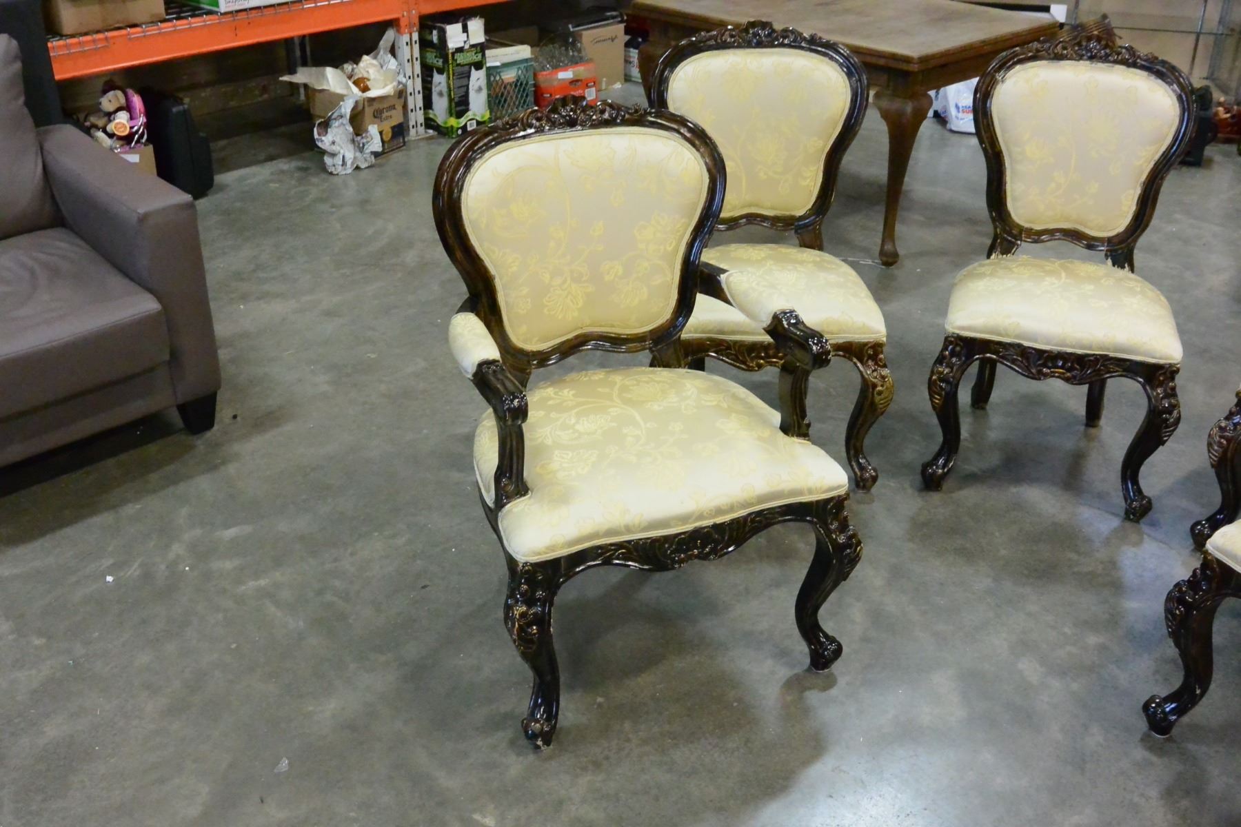 5 CARVED UPHOLSTERED DINING CHAIRS, BLACK AND BEIGE - Big ...