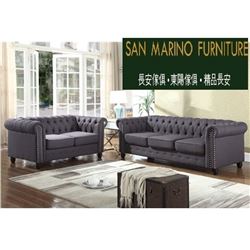 BRAND NEW GREY MODERN TUFTED SOFA AND LOVESEAT WITH NAILHEAD ACCENT, RETAIL $2499