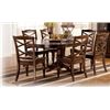 Image 1 : ASHLEY ROUND PEDESTLE TABLE WITH EXTENSION AND FOUR DINING CHAIRS, FLOOR MODEL, RETAIL $2199