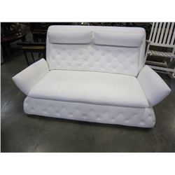NEW WHITE GENUINE LEATHER TUFTED LOVESEAT WITH TALL BACK AND HEADREST, RETAIL $2899