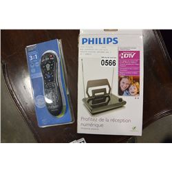 NEW OVERSTOCK PHILIPS HDTV PASSIVE DIGITAL ANTENNA AND 3 IN 1 REMOTE