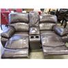 Image 2 : ASHLEY BROWN STITCHED LEATHER GLIDER RECLINING LOVESEAT WITH CONSOLE, RETAIL $3299, FLOOR MODEL